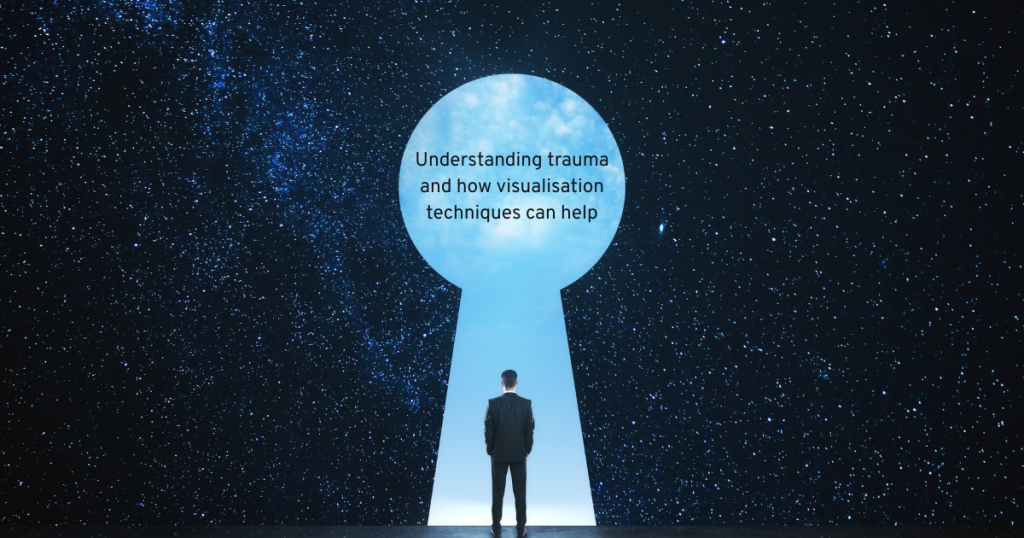 man standing in a keyhole going from a dark sky replicating trauma to a sunny day replicating a new day