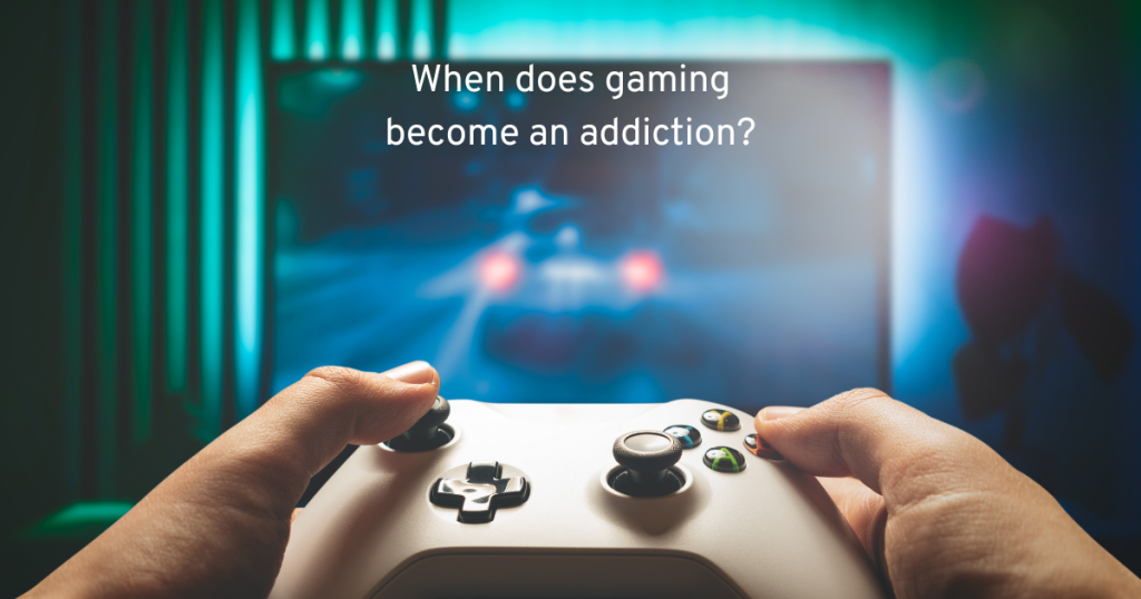 Gaming addiction. A gamer holding a console playing a racing game in a neon-lit living room.