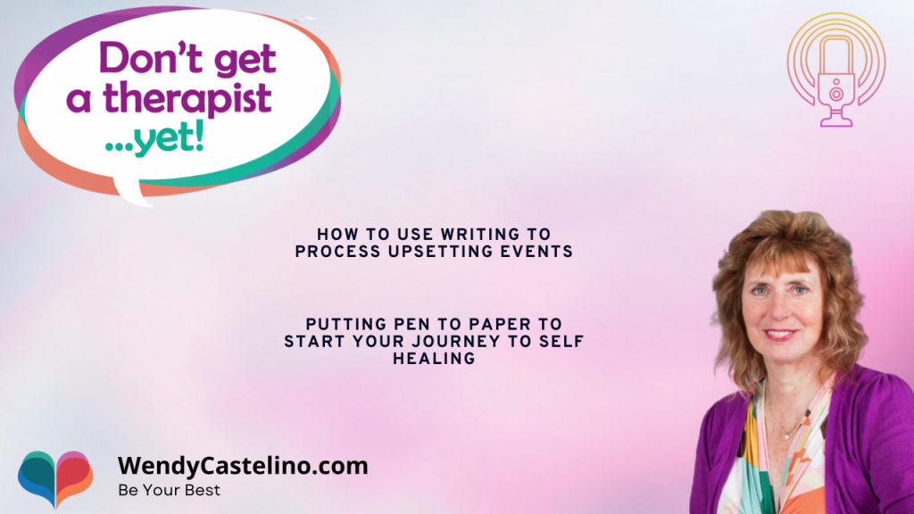 podcast episode announcement for journaling after a traumatoc event with an image of wendy castelino on a pink background with the dont get a therapist yet logo