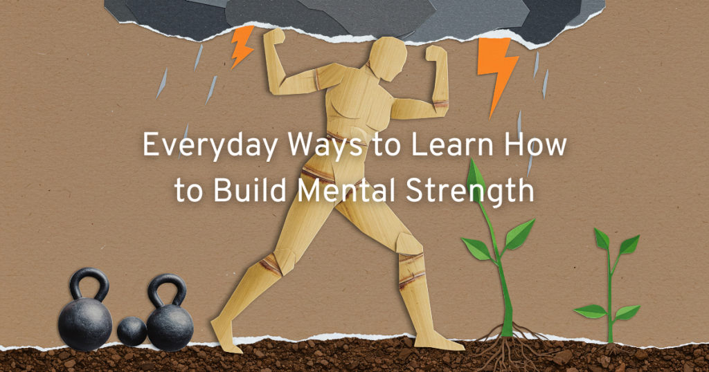 a graphic of a wooden man holding the page up whilst walking and plants grow next to him and kettle bell weights are behind him. symbolising how he holds everything up and together whilst nurturing himself showing how to build mental resilience