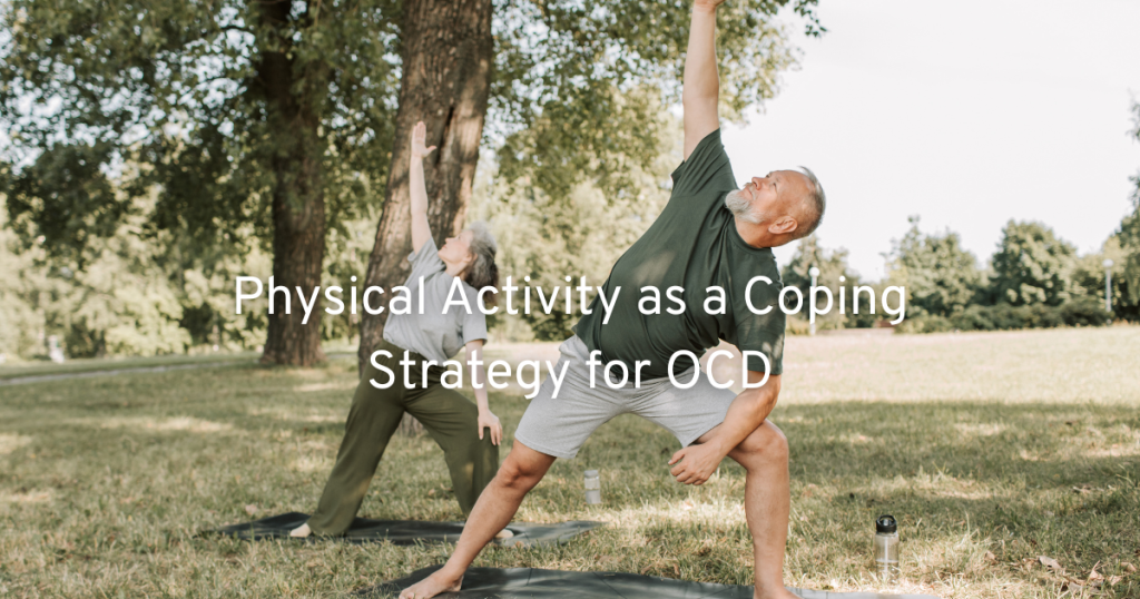older couple outside in nature in a park with trees doing yoga and using physical activity as a coping strategy for ocd