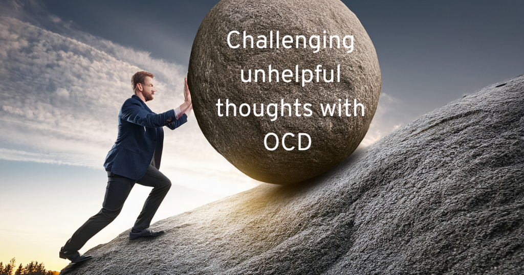 a man challenging unhelpful thoughts pushing a large round rock up a mountain