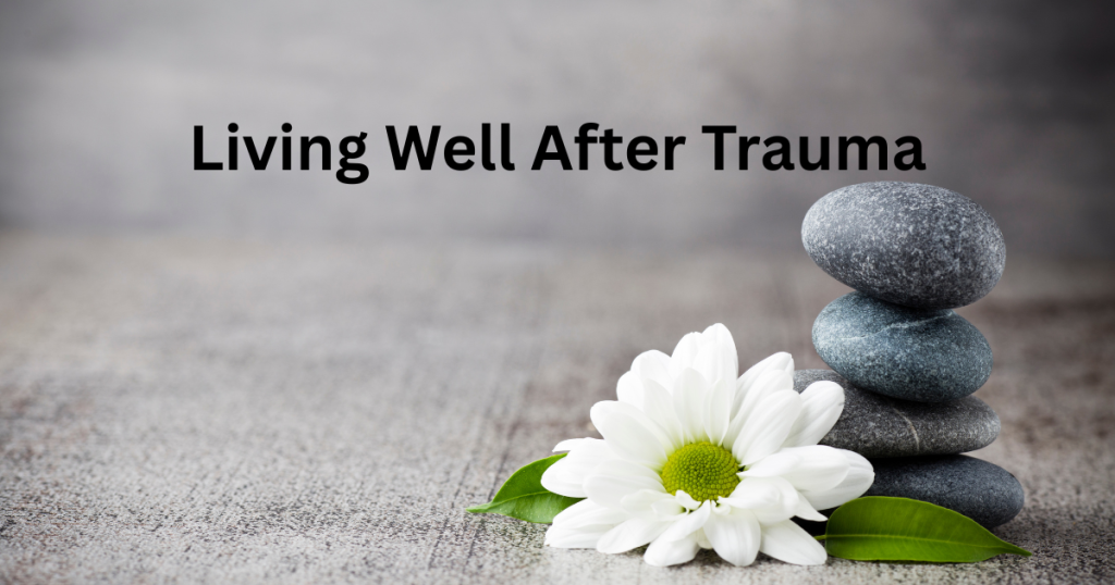 a white daily life flower next to some pebbles stacked on top of each other with the text living well after trauma