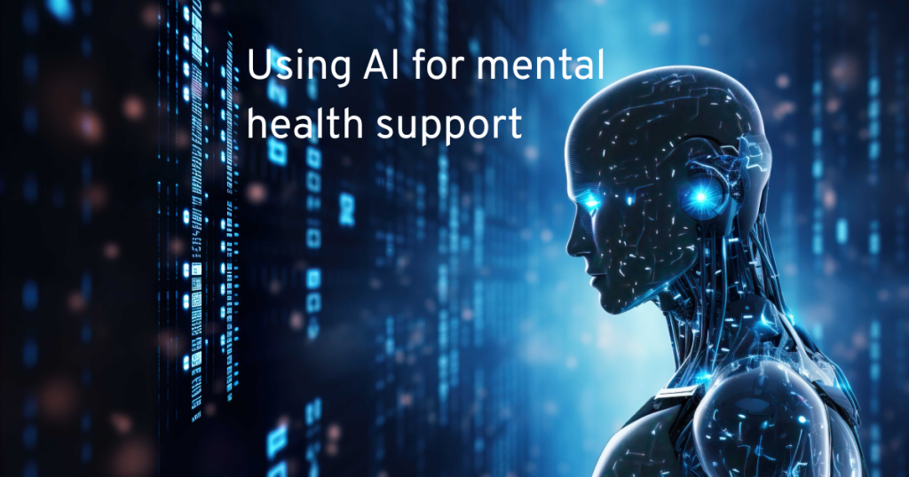 an ai robot on a code screen with text using ai for mental health support