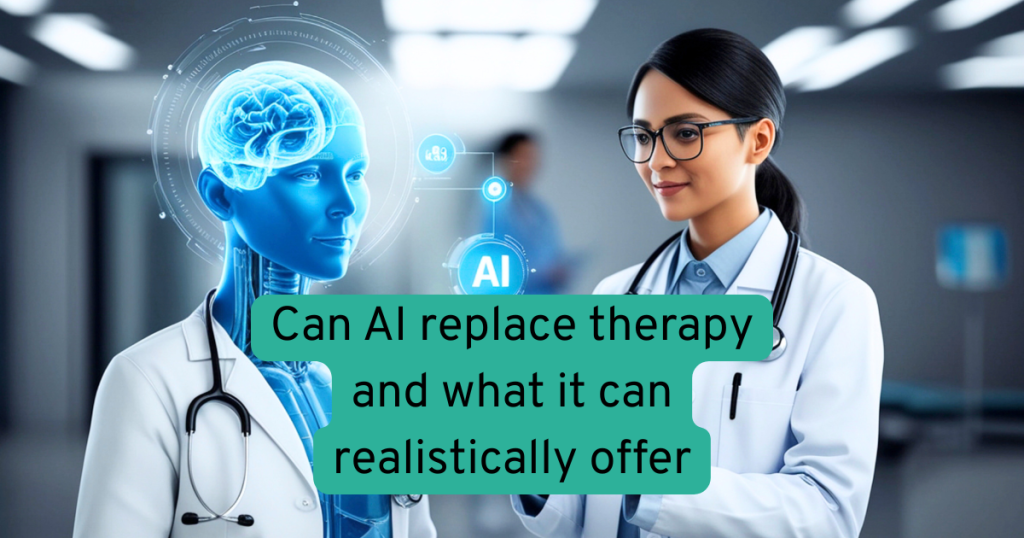 AN AI PRODUCED IMAGE OF A DOCTOR AND AN AI DOCTORE WITH TEXT READING CAN AI REPLACE THERAPY AND WHAT IT CAN REALISTICALLY OFFER