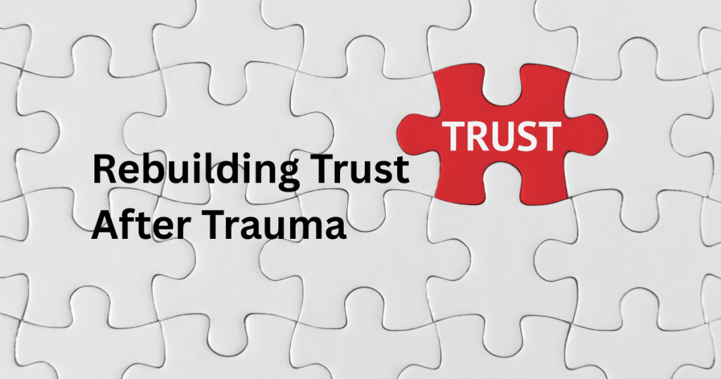 a white jigsaw puzzle with a red missing piece added saying trust on it with the title rebuilding trust after trauma
