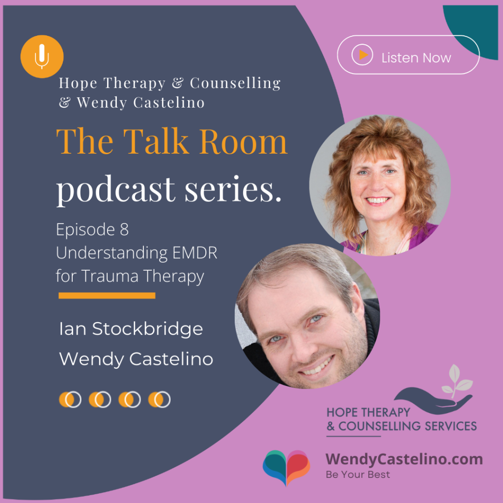 the talk room podcast episode front cover with wendy castelino and ian stockbridge about understanding emdr for trauma therapy