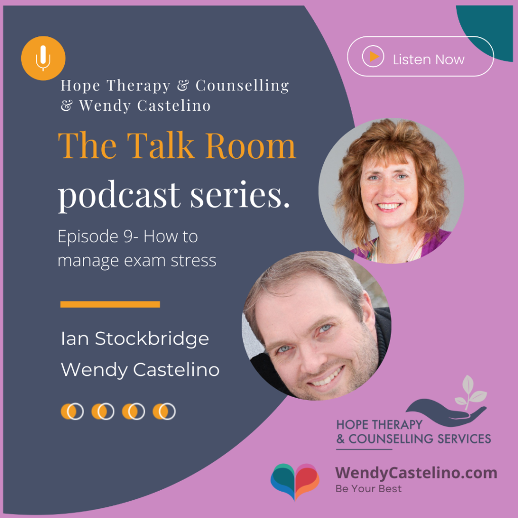 cover graphic in pink and indigo for the talk room podcast with wendy castelino and ian stockbridge episode 9- how to manage exam stress