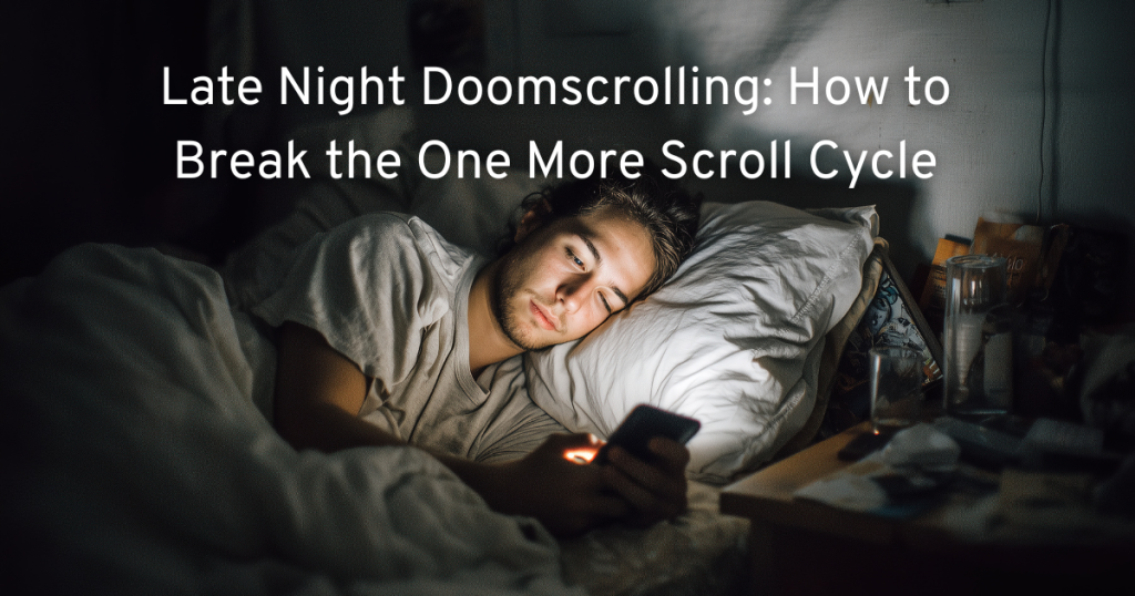 a man in bed late night doomscrolling and trying to break the one more scroll cycle