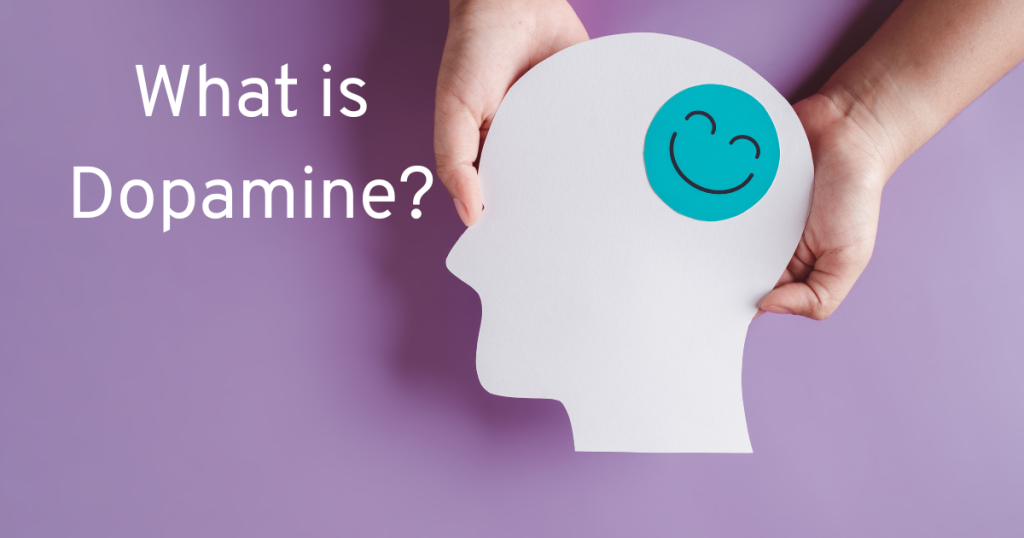 purple background with a whit face and a smiley face sticker asking what is dopamine