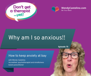 purple background with wendy castelino in the forefront episode graphic for dont get a therapist yet Why World Events Make You Anxious