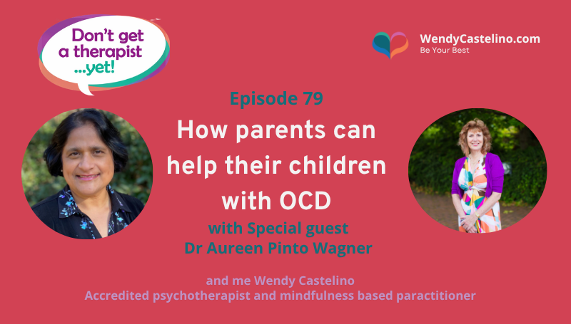 Don't get a therapist yet branding on a red background with title text and images of dr aureen wagner pinto and wendy castelino