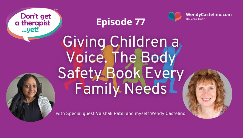 dont get a therapist yet branding with title text on a purple background with shapes of children running holding hands all in different colours with title text and images of vish patel and wendy castelino