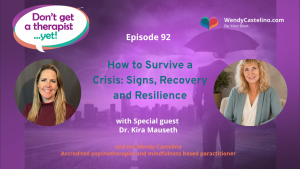 wendy castelino and don't get a therapist yet branding on a purple background with a faded image of a business man stood looking at a city aith a big swirling cloud over it representing him learning how to survive a crisis with images of wedy castelino and dr kira mauseth in teh foreground with title text